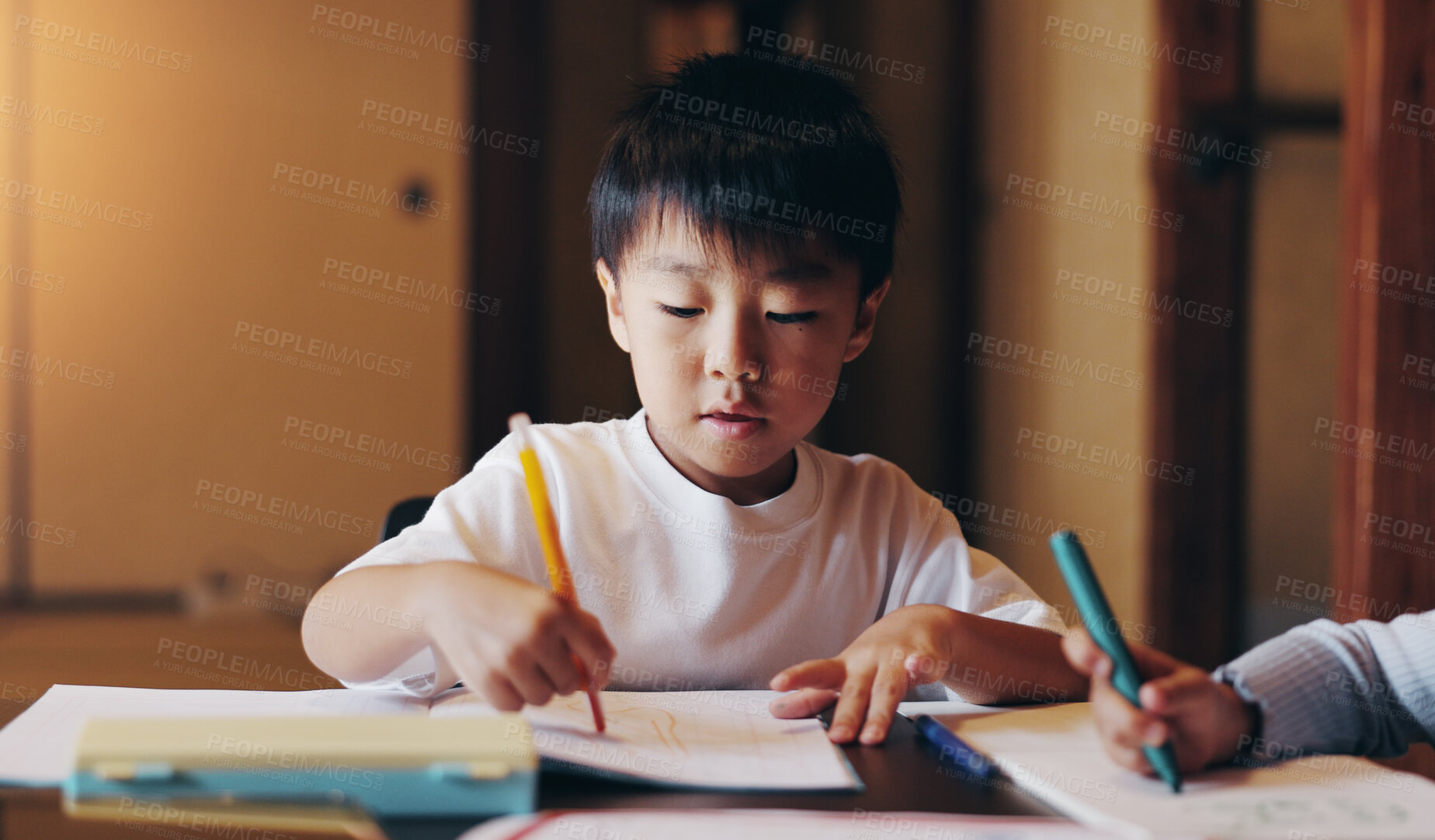 Buy stock photo Education, drawing and home school with kid, development and growth from homework. Siblings, sketch and Japanese boy with book, studying and lounge with youth learning and knowledge at table