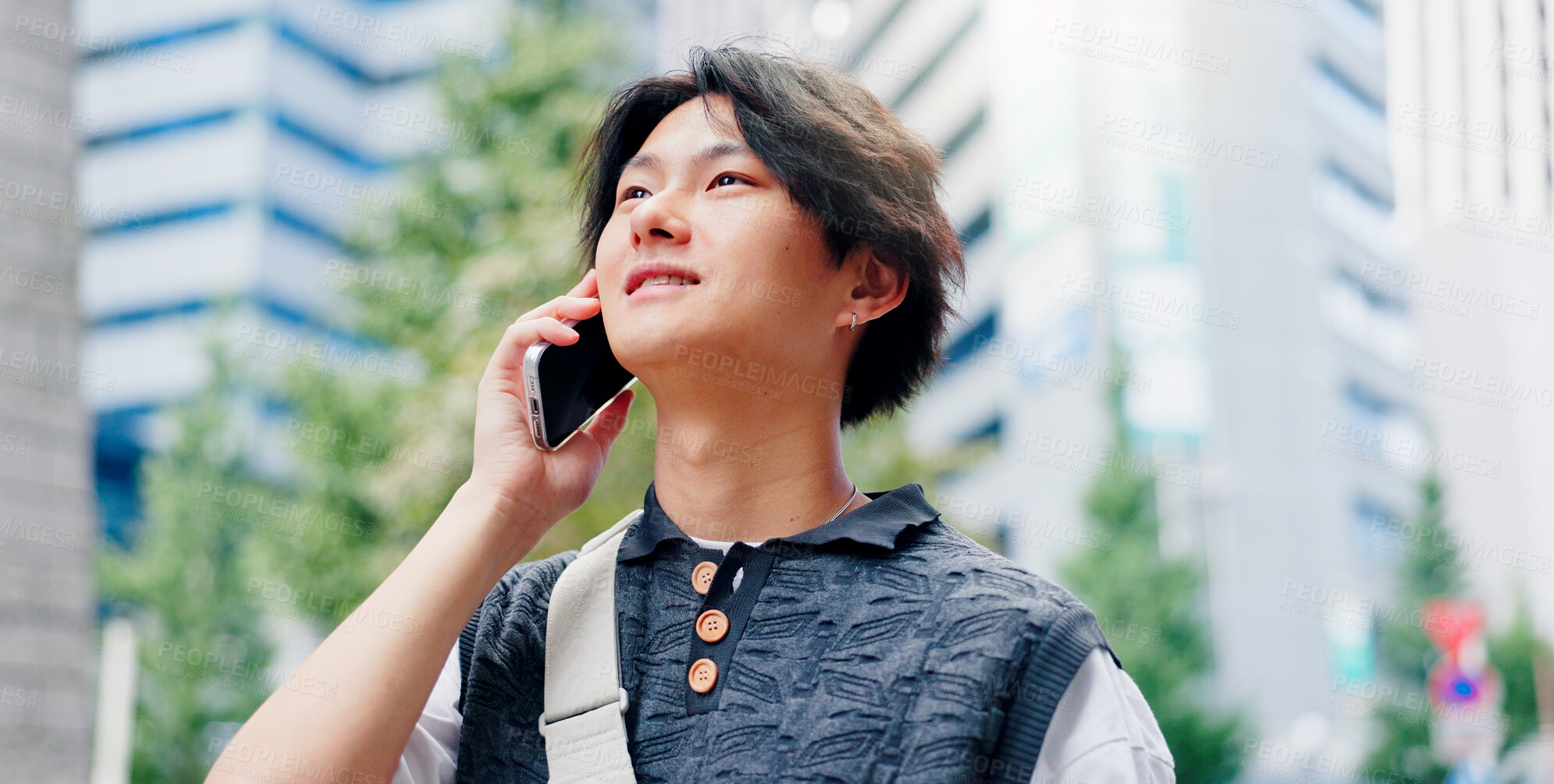 Buy stock photo Japanese man, happy and phone call in city for conversation, discussion and booking with travel. Asian person, talking and mobile outdoor for listening, communication and morning commute with chat