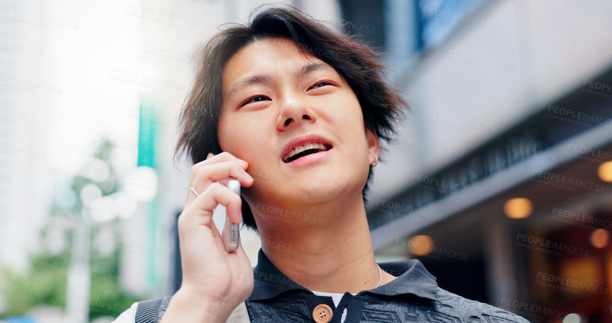 Buy stock photo Japanese man, talking and phone call in city for conversation, discussion and booking with travel. Asian person, happy and mobile outdoor for listening, communication and morning commute with chat