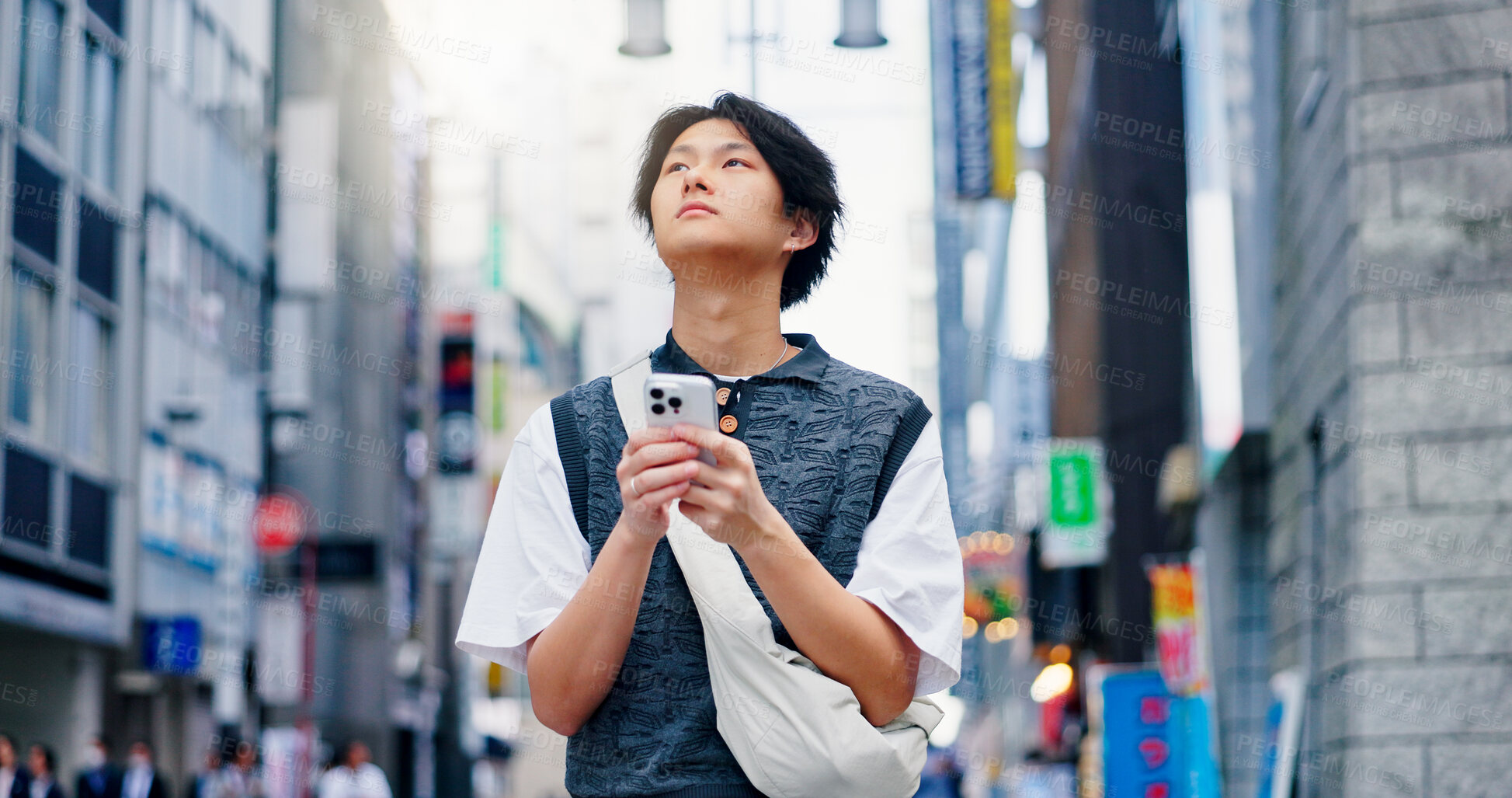 Buy stock photo Man, thinking and travel with phone in city for communication, urban location and map notification. Person, mobile and contact website with morning commute, directions and navigation view in Japan 