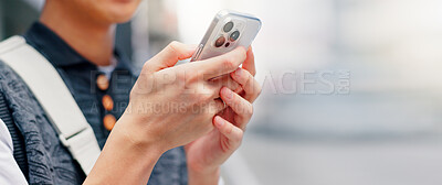 Buy stock photo Hands, person and travel with phone in city for communication, urban location and map notification. Mobile, mockup space and contact website with morning commute, directions and navigation in Japan 