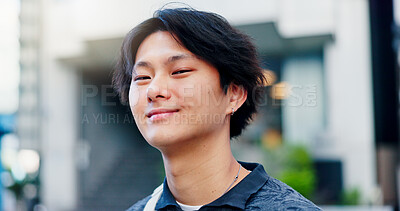 Buy stock photo Japanese man, portrait and smile for commute, travel and happiness with joyful mood to work. Male person, face and positive attitude in city for morning journey, explore or weekend tourist in Japan