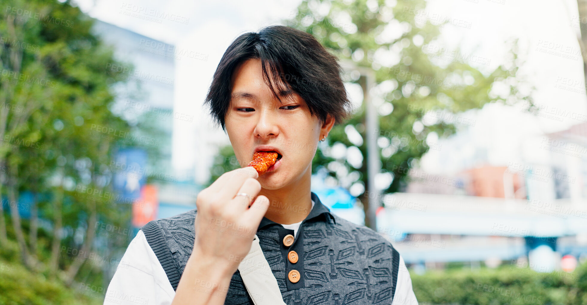 Buy stock photo Street food, eating and travel with Japanese man in city for chicken teriyaki, hunger and nutrition. Health, traditional cuisine with culture with person and skewer snack in Japan for lunch and trip