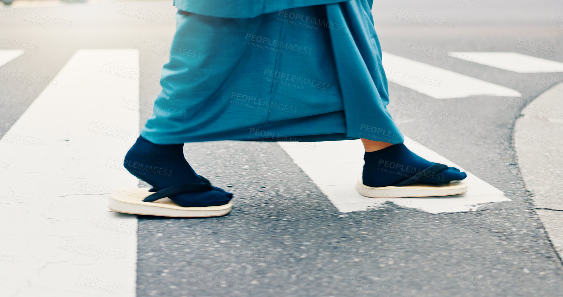 Buy stock photo Kimono, shoes and walking on crosswalk with person, fashion and morning commute in city. Sandals, Japan and outdoor on pedestrian path, road and street with feet and journey with Japanese style