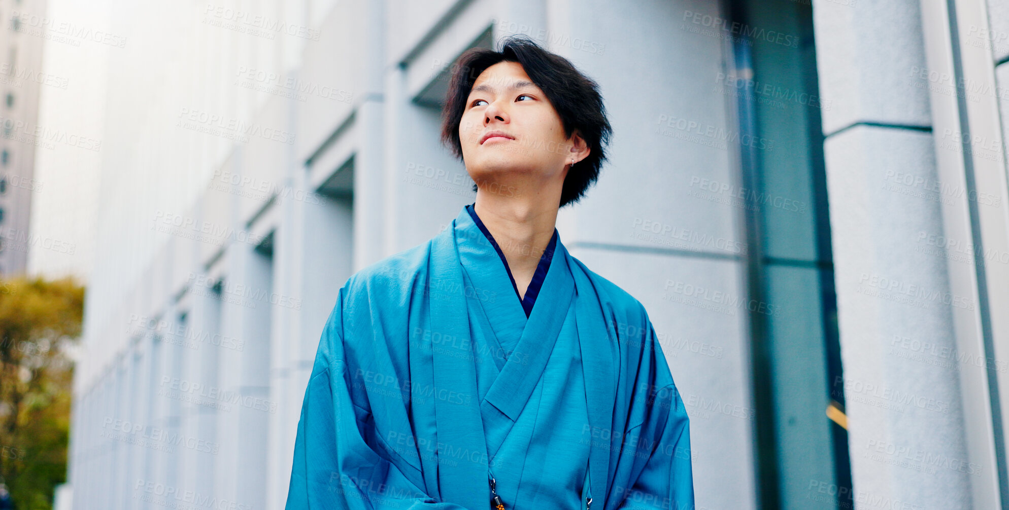 Buy stock photo Japanese man, thinking and urban city with traditional fashion, outfit and yukata for heritage. Travel, guy and vacation for culture, journey and sightseeing with casual dress kimono and downtown