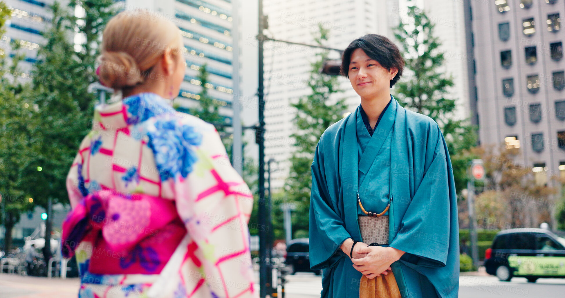 Buy stock photo Japanese people, outdoor and fashion with traditional clothes, culture and kimono for heritage or style. Man, woman and city for pride, travel and outfit in street for dress, trip and clothing