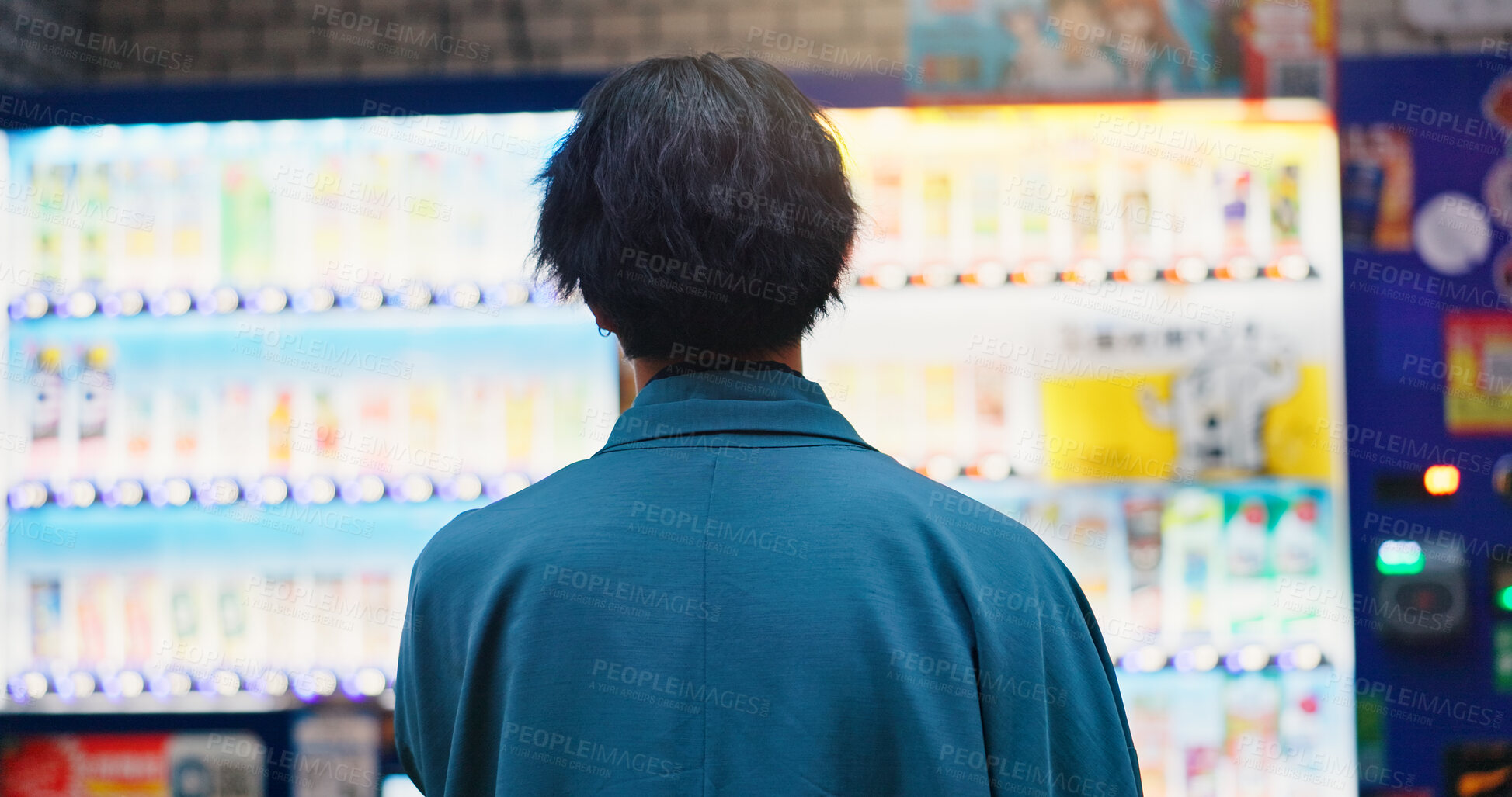 Buy stock photo Back, vending machine and thinking with man in Japan city for food decision, shopping and choice. Product, customer and menu with person and snack dispenser for price, selection and self service