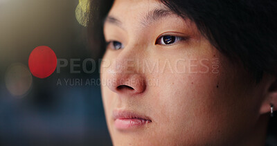 Buy stock photo Japanese man, thinking and bokeh with space, ideas and vision in city at night as university student. Male person, planning and serious for education, learning or urban commute in street for travel