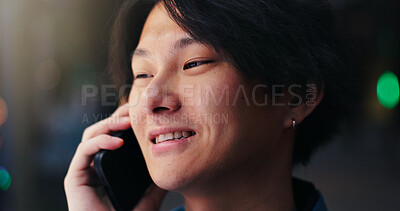 Buy stock photo Japanese man, night and phone call in city for conversation, discussion and booking with travel. Asian person, happy and mobile outdoor for listening, communication and evening commute with chat