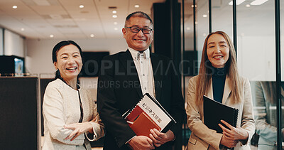 Buy stock photo Portrait, group and business people in office, professional and company development with happiness. Face, employees and coworkers with documents, planning and corporate finance with smile or Japan