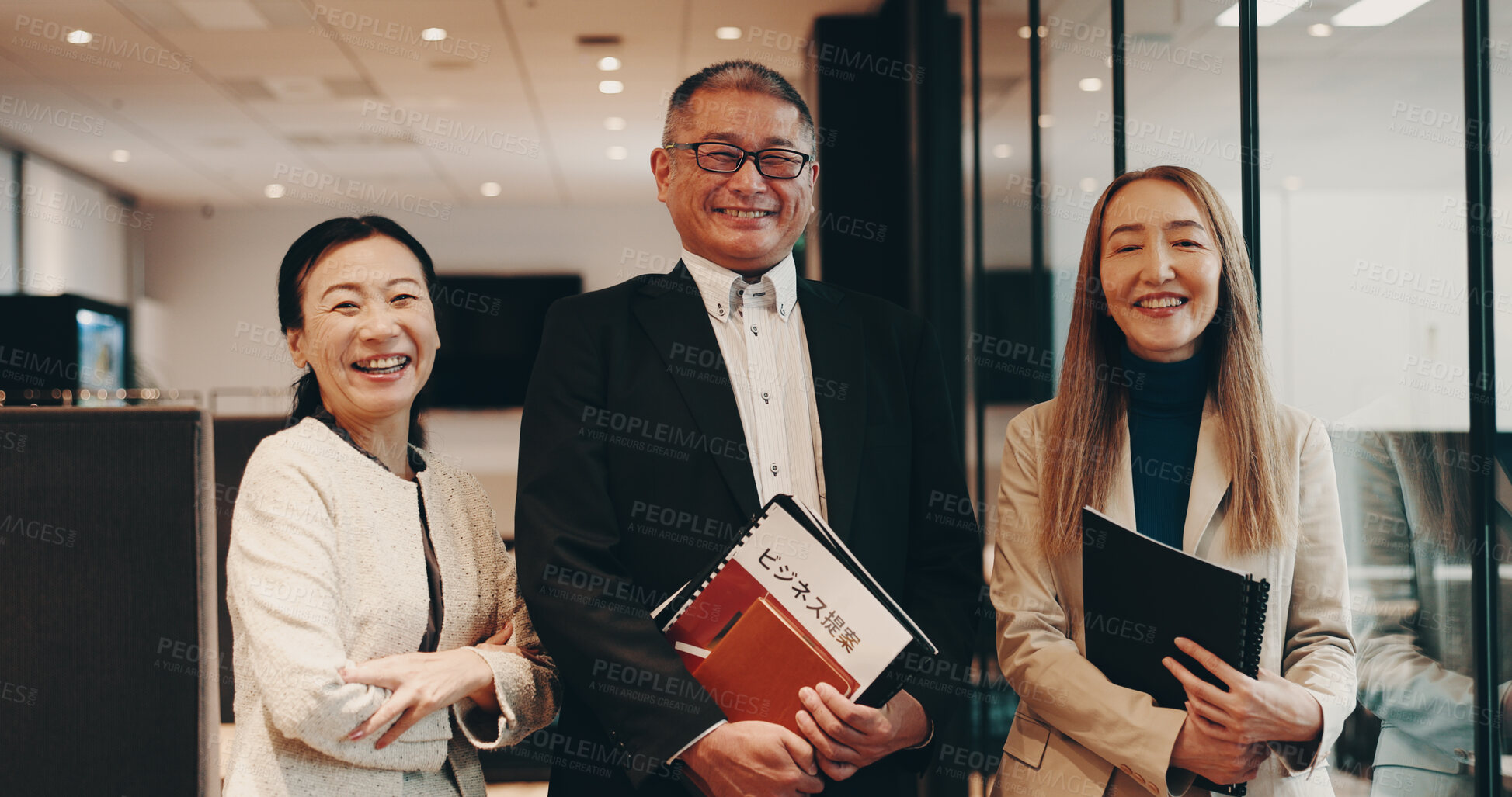 Buy stock photo Portrait, group and business people in office, professional and company development with happiness. Face, employees and coworkers with documents, planning and corporate finance with smile or Japan