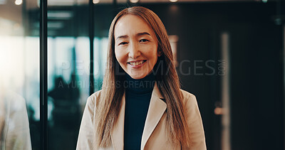 Buy stock photo Smile, confident and portrait of businesswoman in office for finance career with growth. Happy, pride and mature Japanese female financial executive with positive attitude for company expenses.