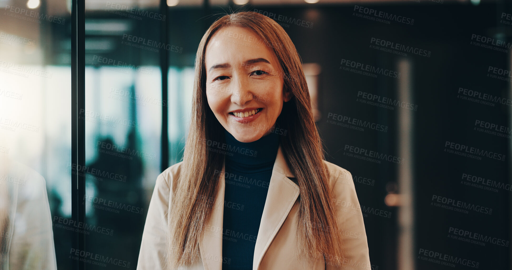 Buy stock photo Smile, confident and portrait of businesswoman in office for finance career with growth. Happy, pride and mature Japanese female financial executive with positive attitude for company expenses.
