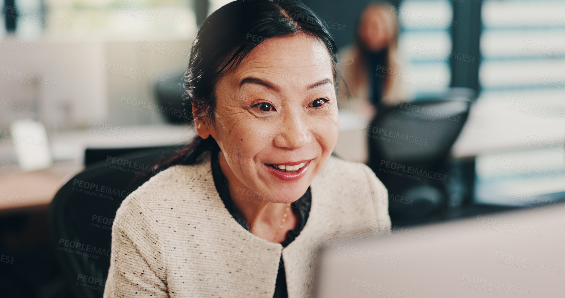 Buy stock photo Happy, laptop and businesswoman in office with winning, victory or celebration for job promotion. Excited, computer and mature Japanese female financial executive with wow for salary increase email.