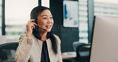 Buy stock photo Office, businesswoman or mic with computer for call center, telemarketing or consulting with smile. Japanese, female person or mature agent with headset for support, customer service or digital sales