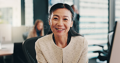 Buy stock photo Happy, confident and portrait of businesswoman in office for finance career with growth. Smile, pride and mature Japanese female financial executive with positive attitude for corporate company.