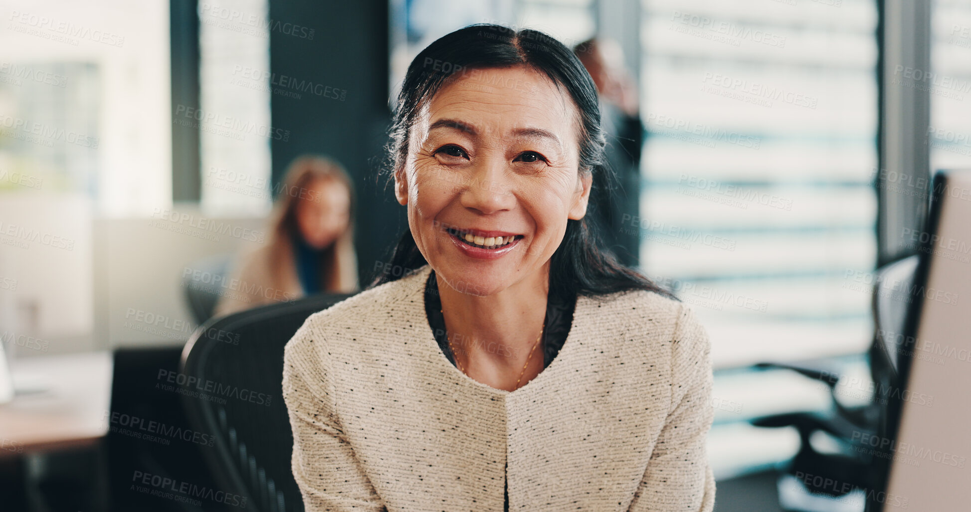 Buy stock photo Happy, confident and portrait of businesswoman in office for finance career with growth. Smile, pride and mature Japanese female financial executive with positive attitude for corporate company.