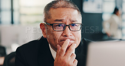 Buy stock photo Business, thinking and man with computer, decision and online reading with email. Mature person, accounting and employee in workplace, solution or problem solving with choice, review taxes and Japan