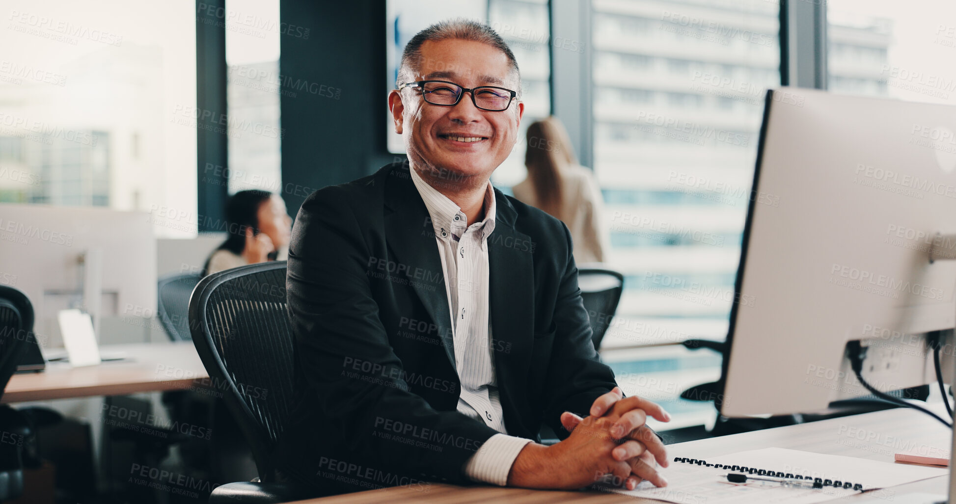 Buy stock photo Portrait, business and man in office, computer and internet with financial company. Happy person, accountant and economy analyst in workplace, pc and network with confidence, connection and Japan