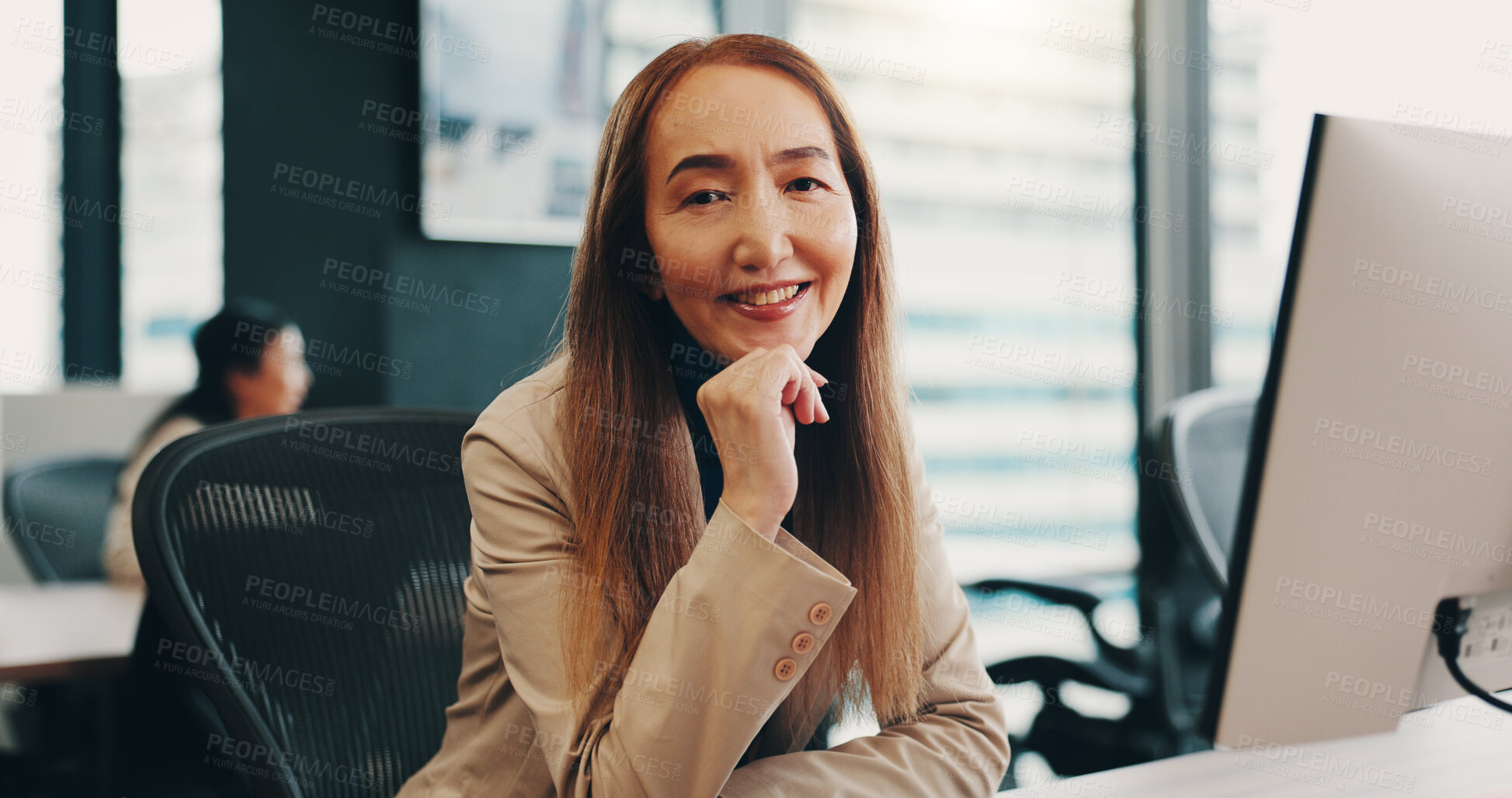 Buy stock photo Portrait, business and woman in office, computer and internet with connection. Mature person, accountant and economy analyst in workplace, pc and network with confidence, financial company and Japan