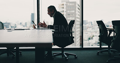 Buy stock photo Businessman, excited and laptop in office for news, promotion and investment win. Mature investor, tech and shocked in Japanese company for stock market profit, achievement announcement and bonus