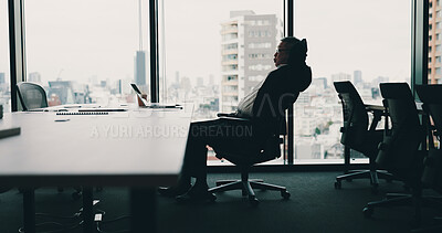 Buy stock photo Japanese man, laptop and stretching for relax, stress relief and rest as wellness in accountant agency. Mature, male person and tired with tech, company and paperwork as done, finish or zen in office