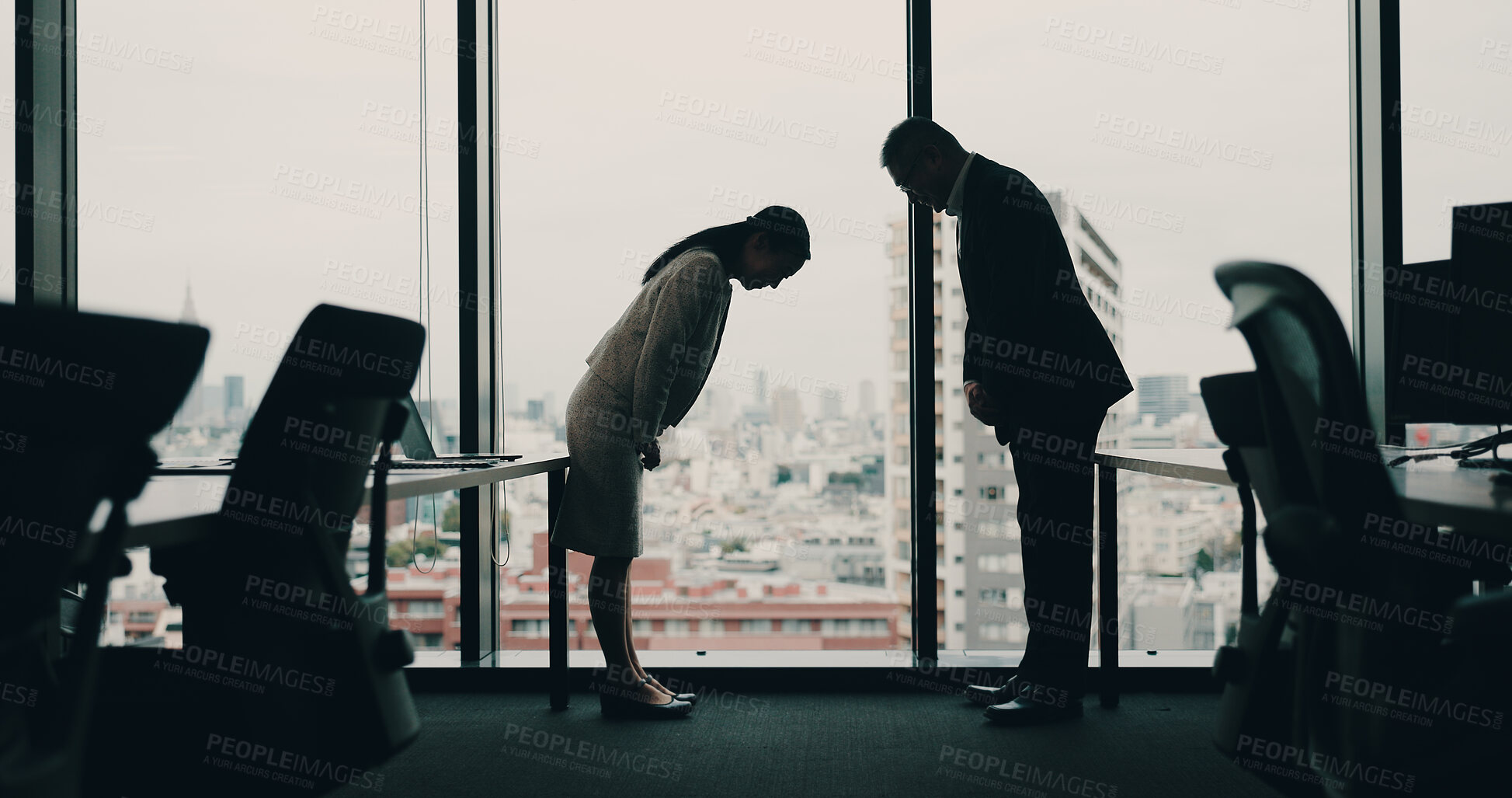 Buy stock photo Japanese people, bow and welcome at window for business, collaboration and culture greeting in office. Corporate team, traditional hello or gesture in agency for partnership, cooperation or respect