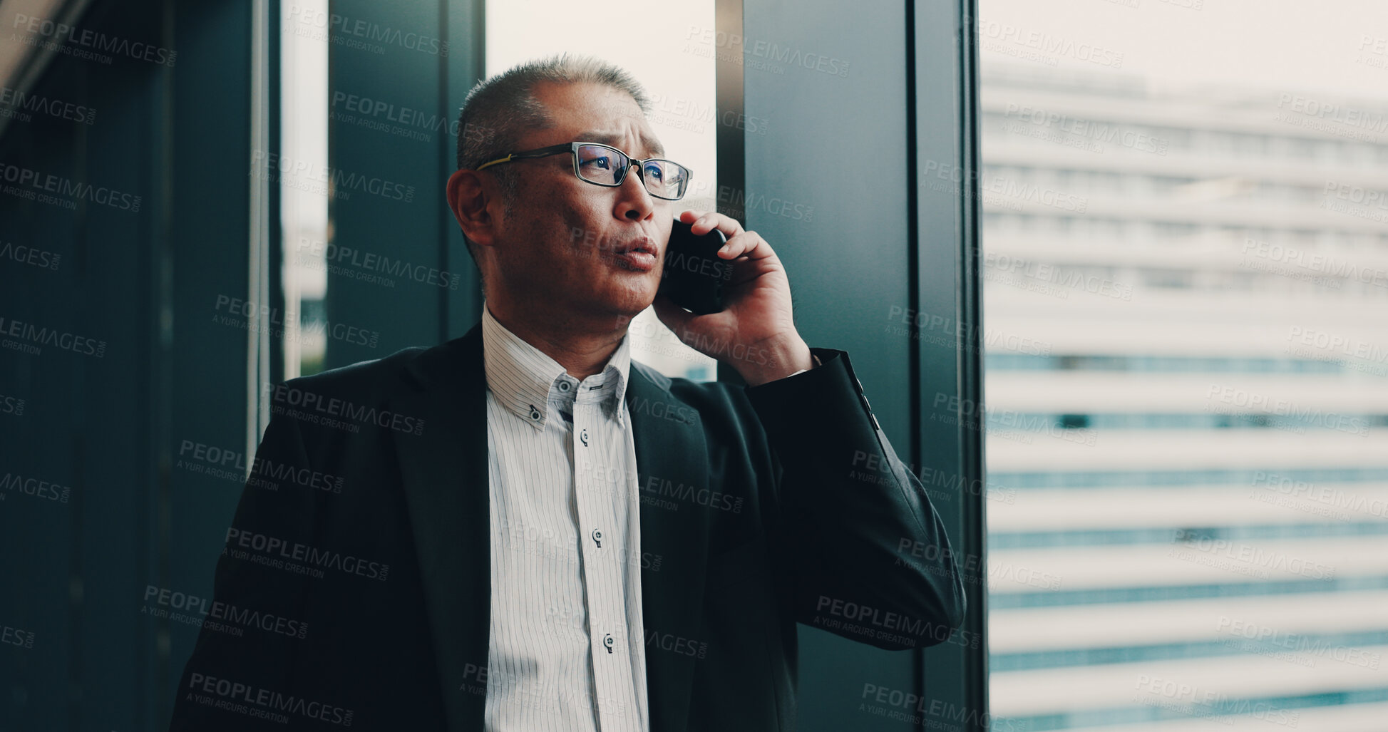 Buy stock photo Japanese, businessman and office with phone call for talking, planning or networking with contact. Thinking, male person or mature lawyer with mobile for communication, chat or case detail for client