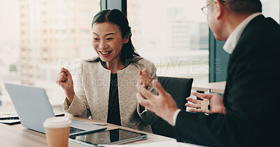 Buy stock photo Japanese, excited or people on laptop for success, email approval or funding review at law firm office. Teamwork, celebrate or lawyers in meeting with legal report, case victory or profit portfolio