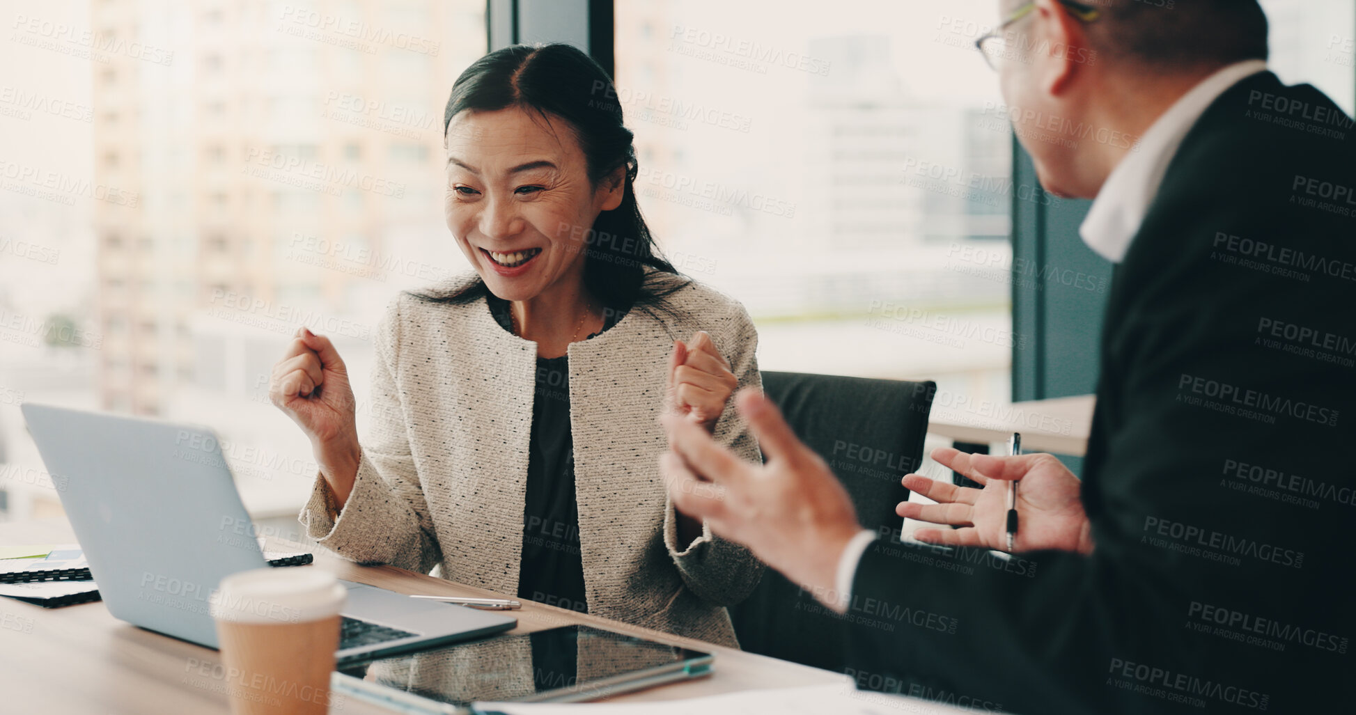 Buy stock photo Japanese, excited or people on laptop for success, email approval or funding review at law firm office. Teamwork, celebrate or lawyers in meeting with legal report, case victory or profit portfolio