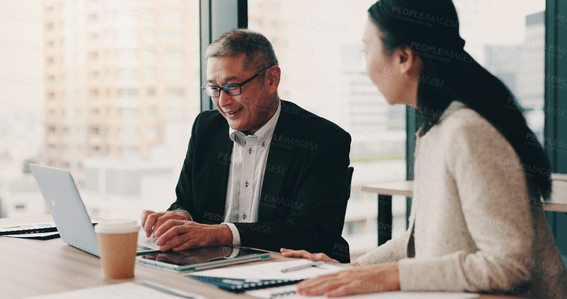 Buy stock photo Japanese, lawyers or people on laptop with teamwork, paperwork or funding review in office. Schedule, project or research in meeting at law firm with legal report, case feedback or profit portfolio