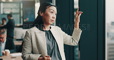 Buy stock photo Woman, thinking and window in office for business, planning and ambition for growth in Japanese company. Mature person, daydream and vision in workplace for development, ideas and opportunity choice