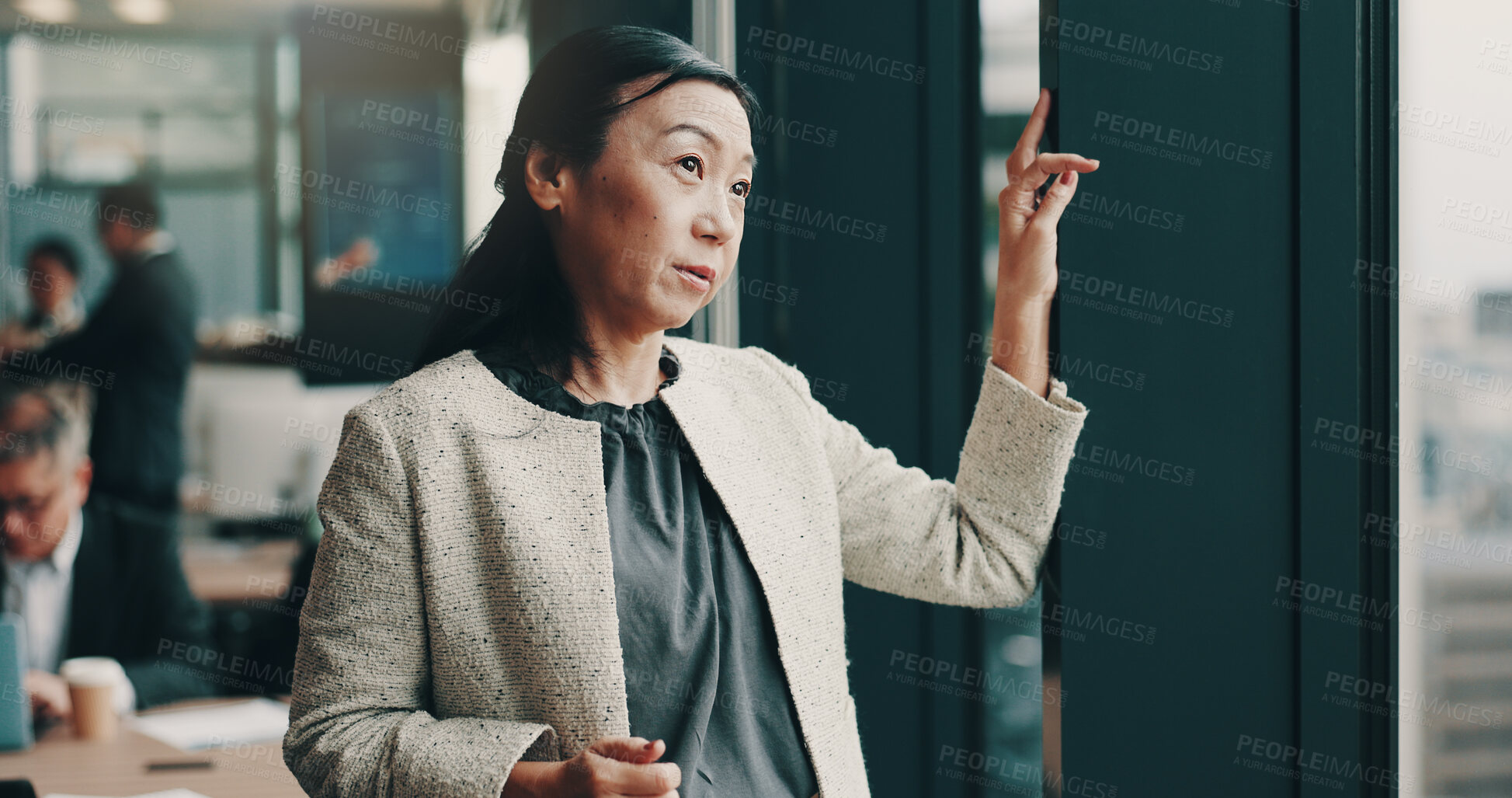 Buy stock photo Woman, thinking and window in office for business, planning and ambition for growth in Japanese company. Mature person, daydream and vision in workplace for development, ideas and opportunity choice