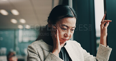 Buy stock photo Office, Japanese woman and stress with anxiety for administration, profit loss and company. Female person, frustrated and crisis with financial fraud, embezzlement and corruption in money laundering 