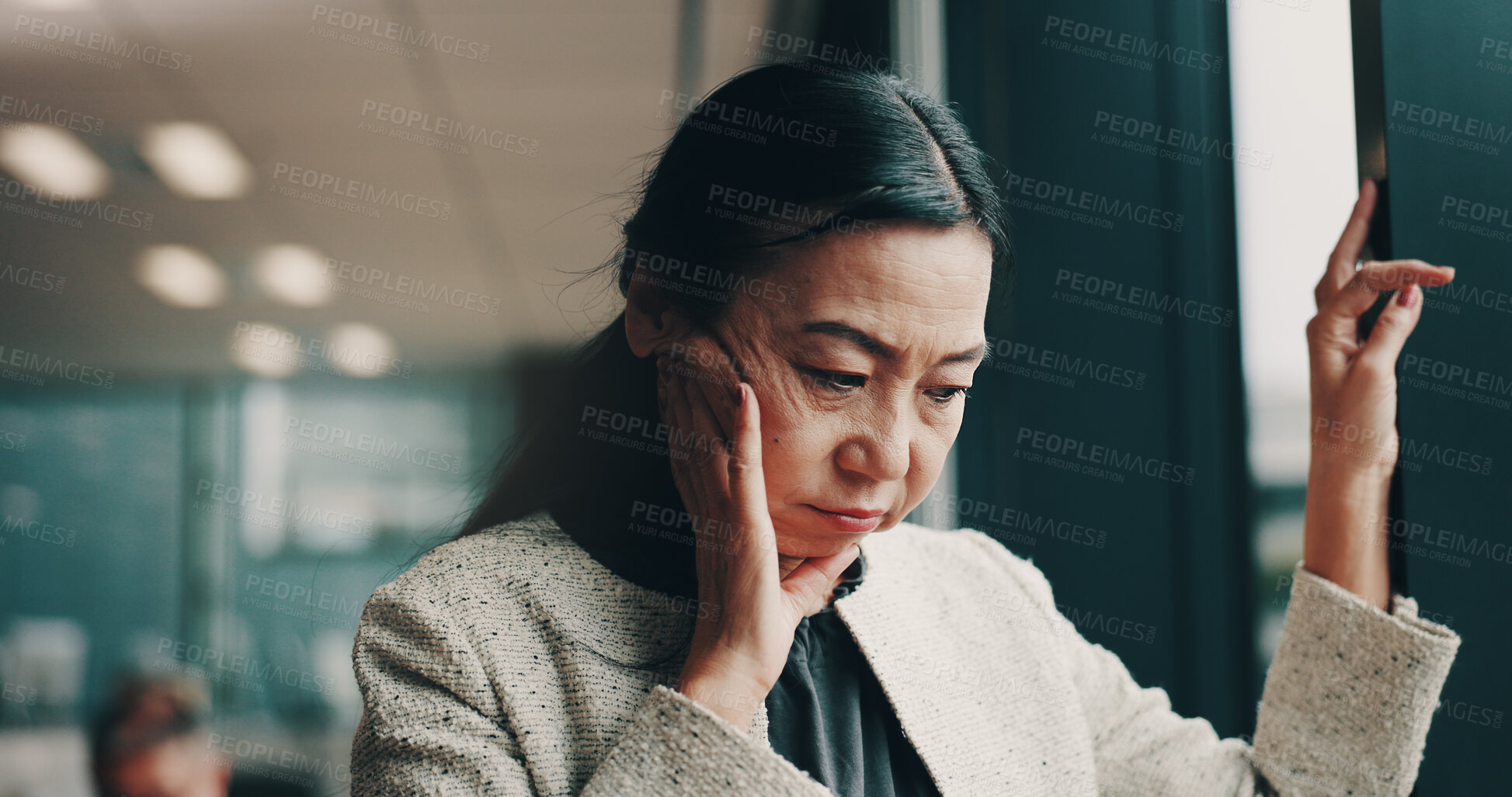 Buy stock photo Office, Japanese woman and stress with anxiety for administration, profit loss and company. Female person, frustrated and crisis with financial fraud, embezzlement and corruption in money laundering 