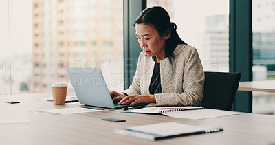 Buy stock photo Research, business and laptop with Japanese woman in office for planning, company revenue and portfolio manager. Email, digital report and accounting firm with mature person typing for solution