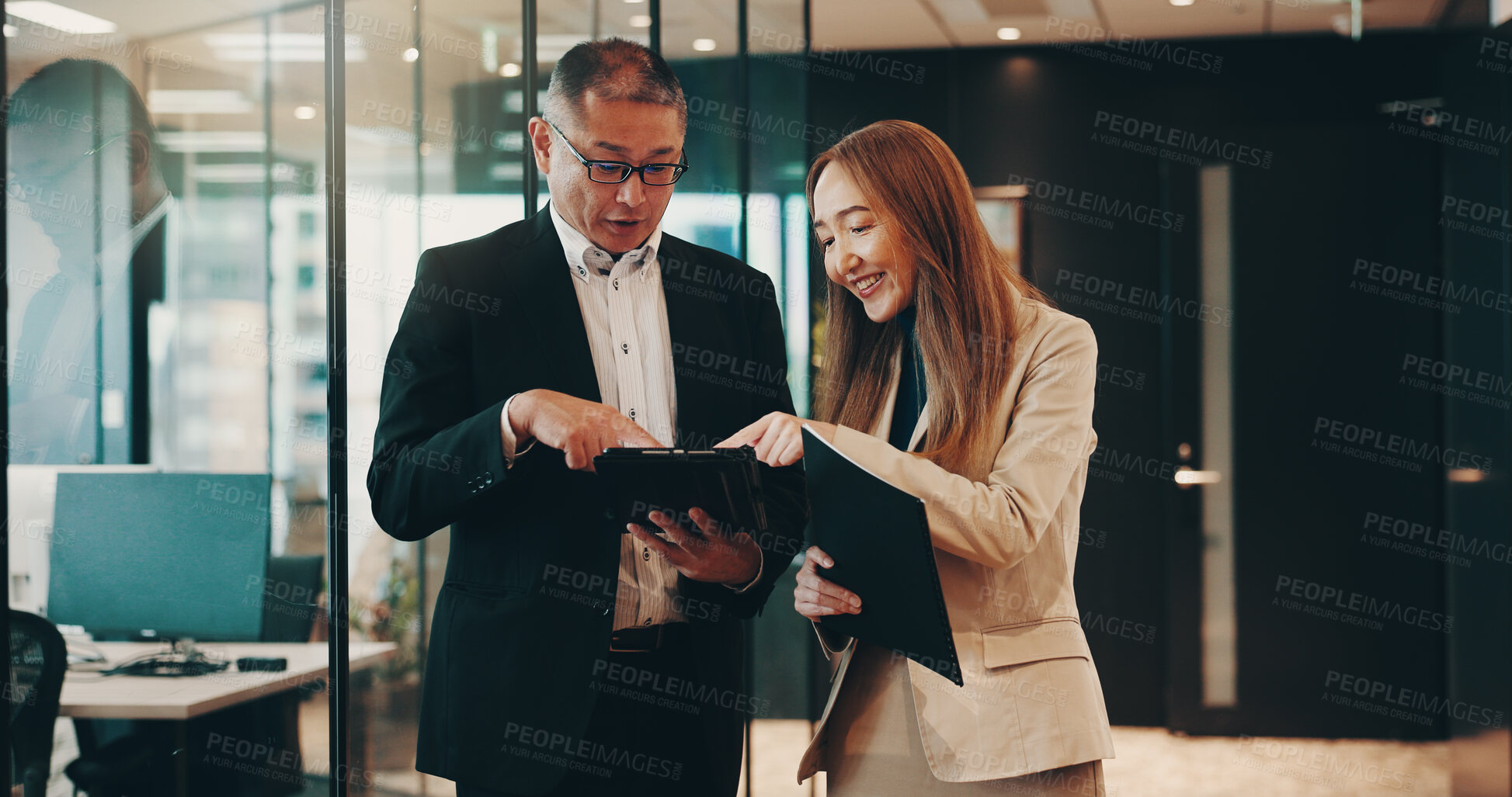 Buy stock photo Smile, business and people tablet in office for planning schedule, research and information of court case. Staff, lawyers and digital with teamwork for legal advice, negotiation and evidence in Japan