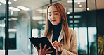 Mature woman, tablet and networking for business, communication and research in office with night. Manager, technology and Japan for report acquisition, performance review and proposal with kpi tools