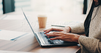 Buy stock photo Office, hands and businessperson with laptop for typing, investment performance and online report. Closeup, woman and financial advisor with digital for company, finance review and research in Japan