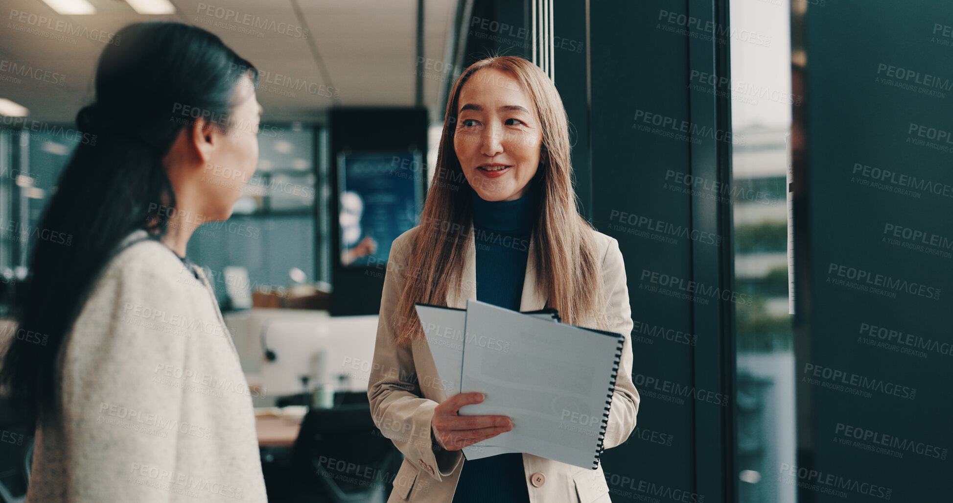 Buy stock photo Japanese, women or lawyers talking with paperwork, documents or funding review in office. Teamwork, project plan or people in meeting at law firm with legal report, case feedback and profit portfolio