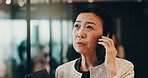 Japanese, woman and office with phone call for communication, planning or networking with contact. Thinking, female person or mature lawyer with mobile for talking, business or case detail for client