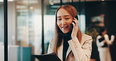 Buy stock photo Document, phone call and businesswoman in office with communication, networking and contact. Happy, reading and Japanese female financial advisor on mobile discussion with cellphone in workplace.