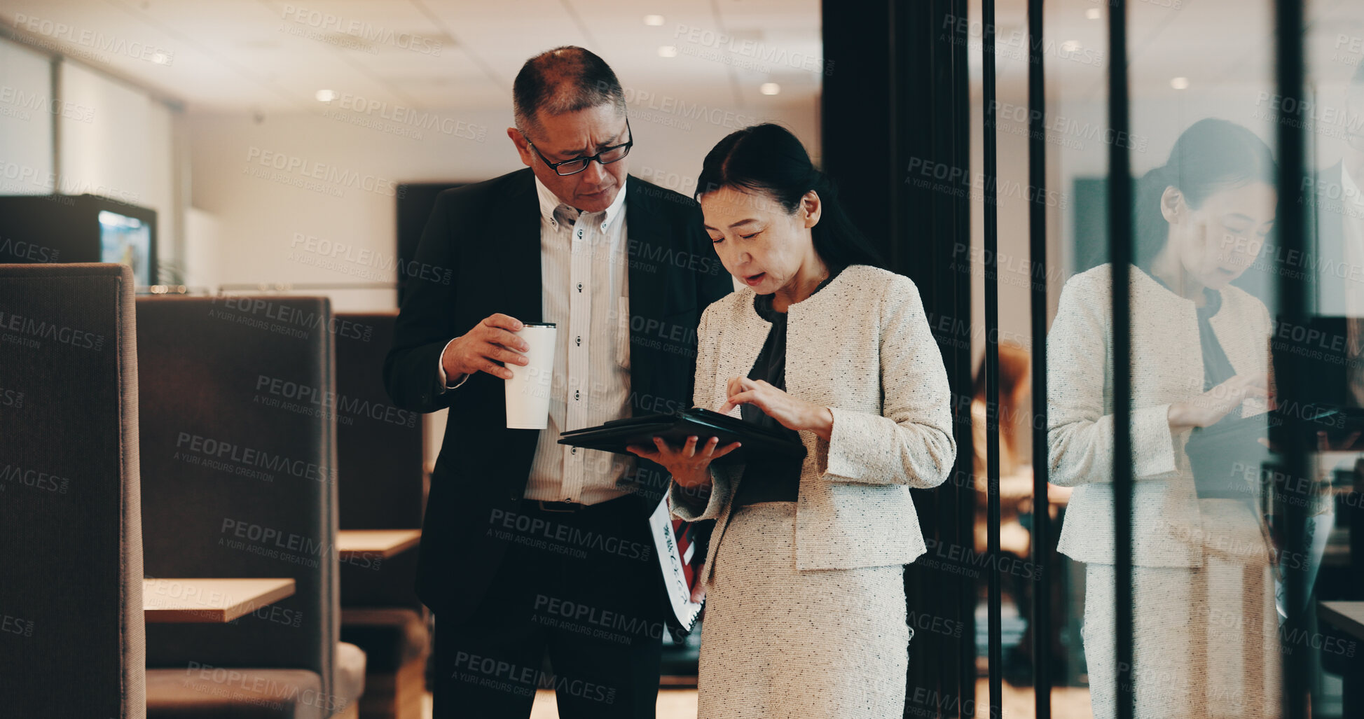 Buy stock photo Mature, business and people tablet in office for planning schedule, research and information of court case. Staff, lawyers and digital with teamwork of legal advice, negotiation and evidence in Japan