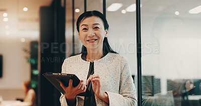 Buy stock photo Japanese, business and woman for portrait with tablet for research, corporate schedule and accounting career. Female person, digital app and information of finance report, review investment and Japan