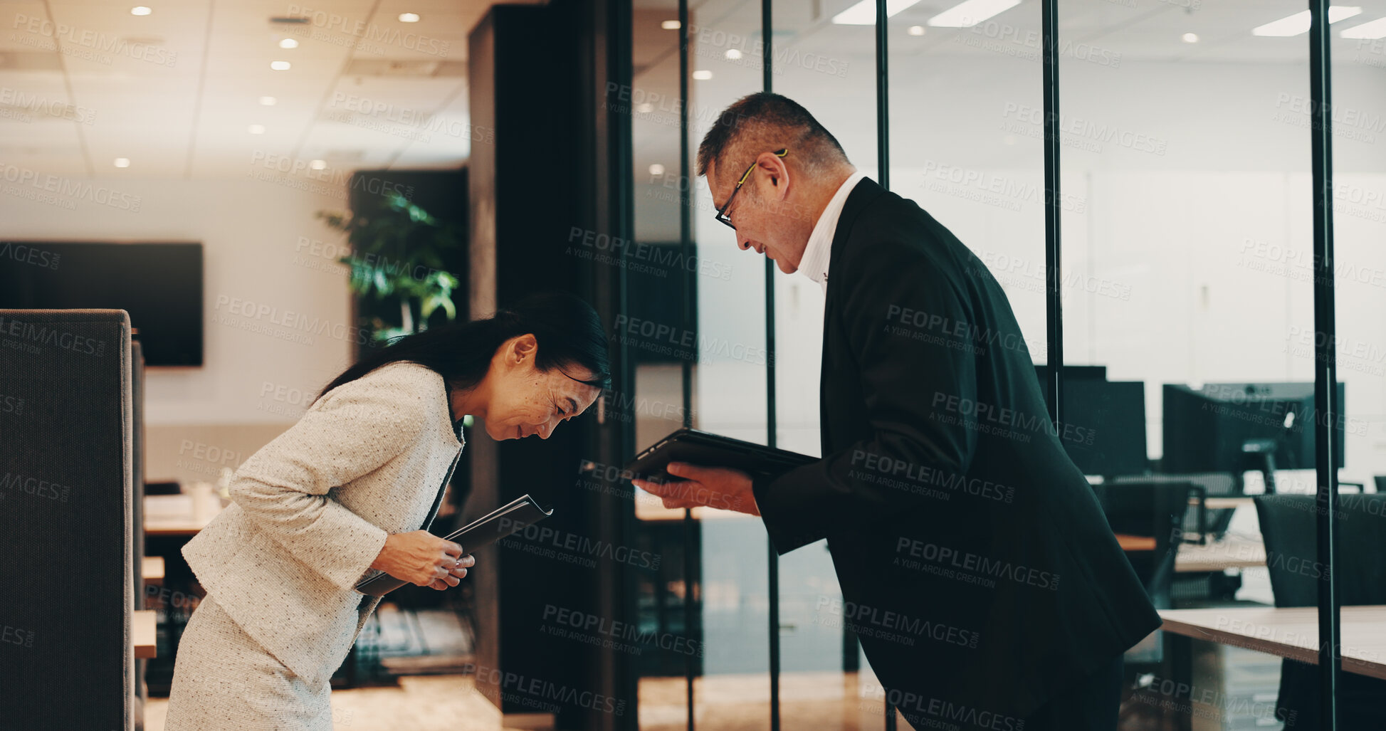 Buy stock photo Office, business people and bow with greeting for Japanese culture, partnership and respect for deal. Boardroom, collaboration and lawyer with client for case discussion, welcome and humble attitude