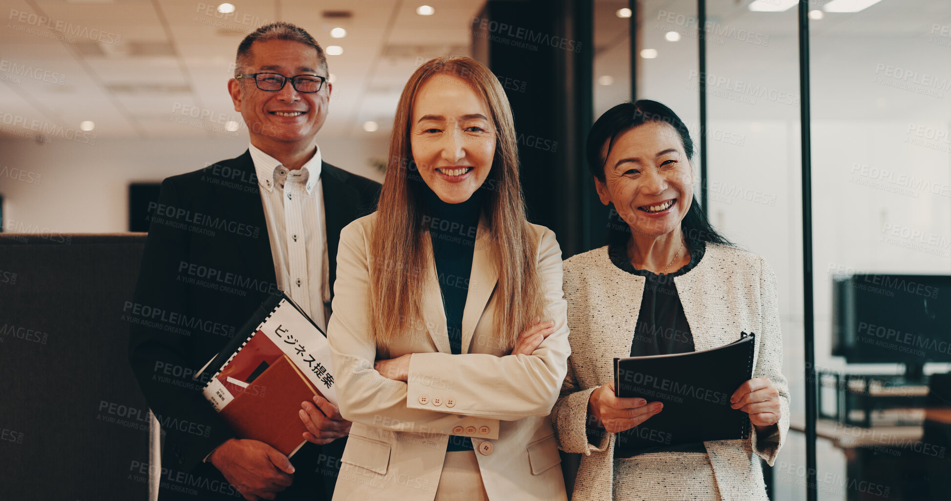 Buy stock photo Portrait, group and business people in office, teamwork and company development with happiness. Japan, mature employees and coworkers with documents, planning and corporate professional with project