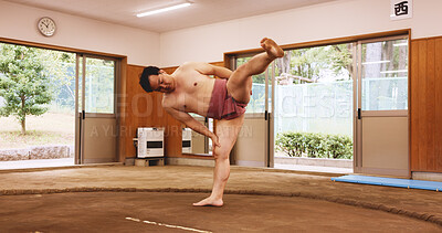 Buy stock photo Sumo wrestler, stretching and man in studio, training and wellness with traditional sports. Japan, festival and person with competition, game and practice for skills, dohyo ring or culture with arena