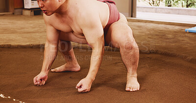 Buy stock photo Body, dohyo and mawashi and with Sumo wrestler closeup for martial arts competition or tournament in Japan. Fight, power and strength with person in arena or ring for culture, heritage or pride