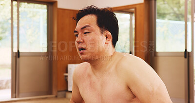 Buy stock photo Athlete, man and exercise for sumo, fitness and fatigue with exhausted, breathing and break in Japan. Training, tired and sports in dohyo for practice, workout and wrestling with bruise or recovery