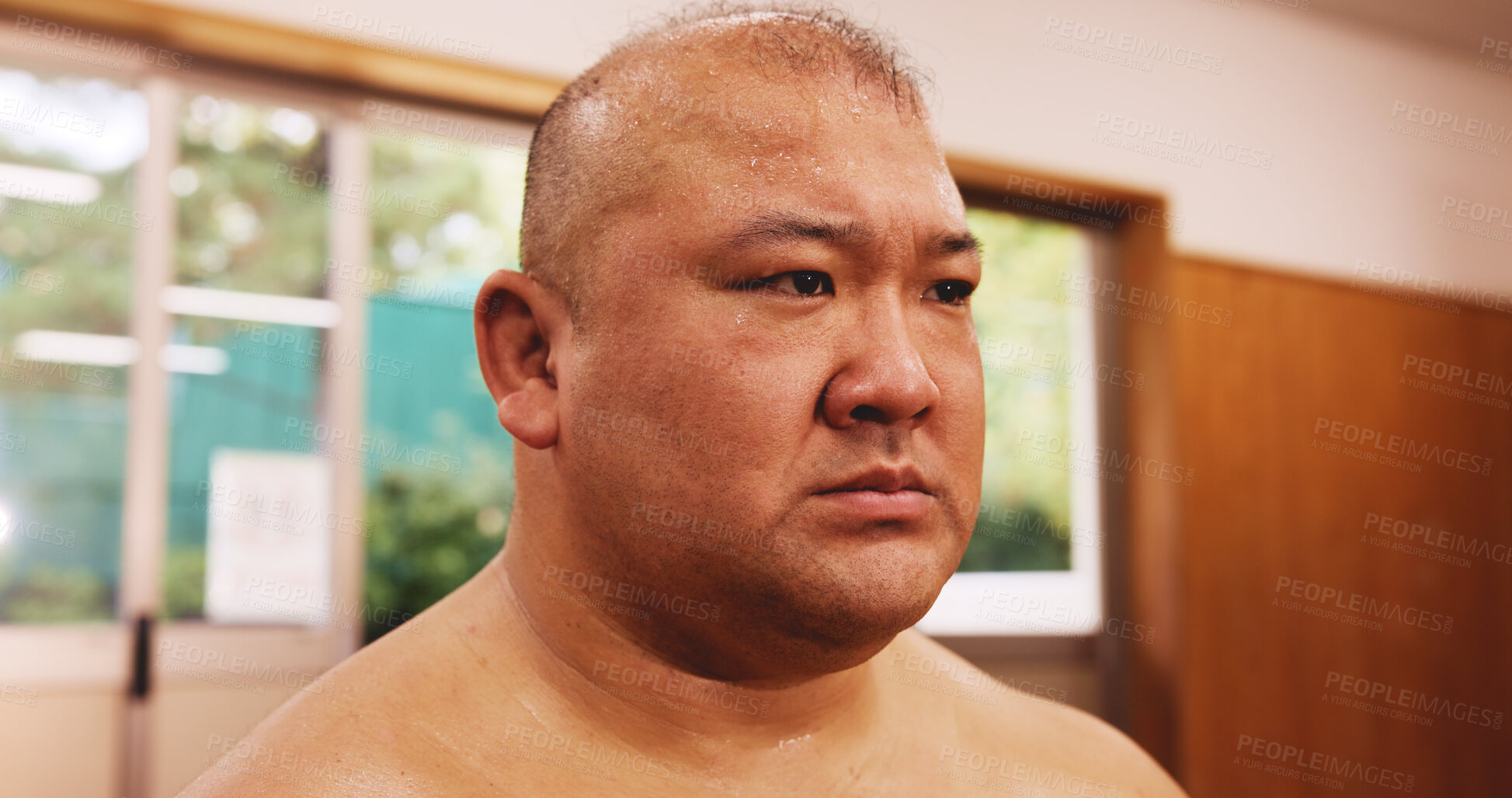 Buy stock photo Serious, sumo wrestling and man in studio for exercise or workout with fatigue and sweating. Training, challenge and tired Japanese male person in dohyo for practice and sports with fighting.